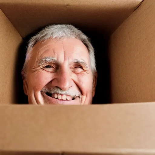 Image similar to an smiling old man hiding in a box