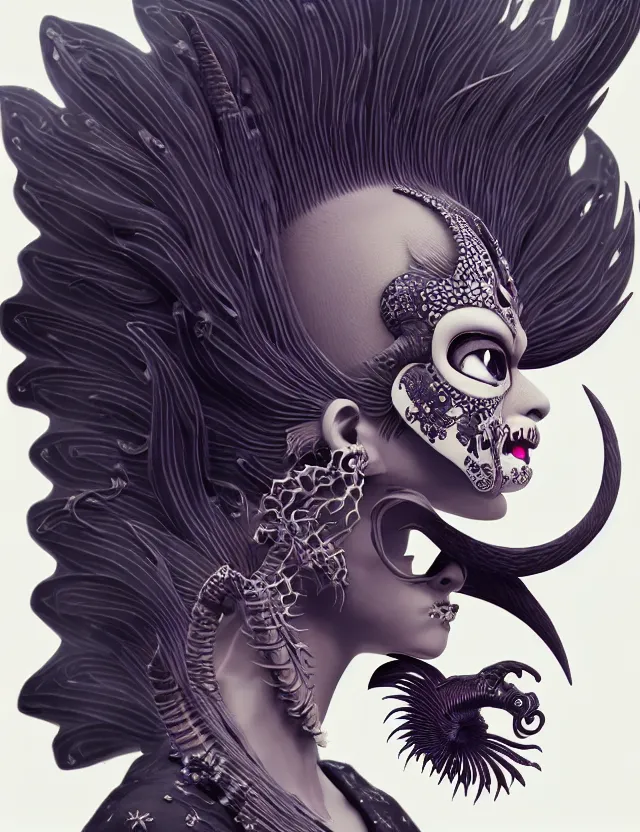 Image similar to 3 d goddess close - up profile simple portrait punk with mohawk with goat skull. beautiful intricately detailed japanese crow kitsune mask and clasical japanese kimono. betta fish, jellyfish phoenix, bio luminescent, plasma, ice, water, wind, creature, artwork by tooth wu and wlop and beeple and greg rutkowski