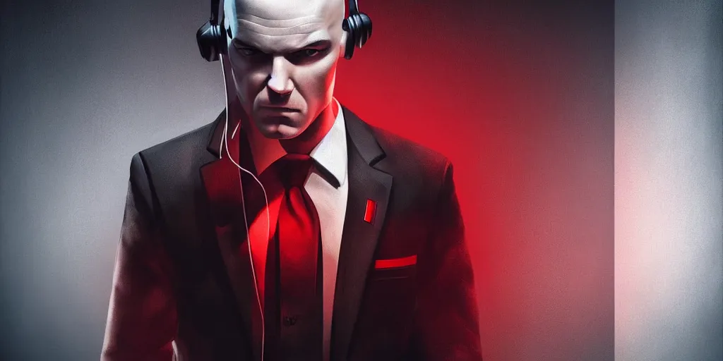 Image similar to a portrait of agent 4 7 from hitman wearing headphones listening to music, dark background, red rim light, smooth, sharp focus, art by ali kiani amin