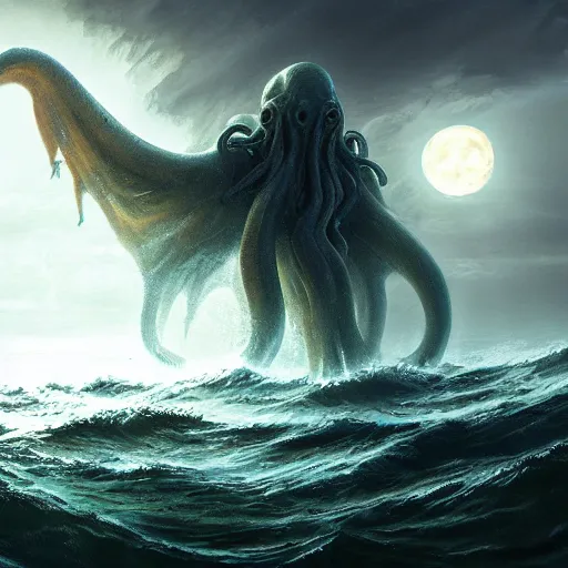 Prompt: a digital painting of a gigantic cthulhu coming out of the sea, back lighting, dramatic scene, detailed, night time, full moon, in the style of greg rutkowski