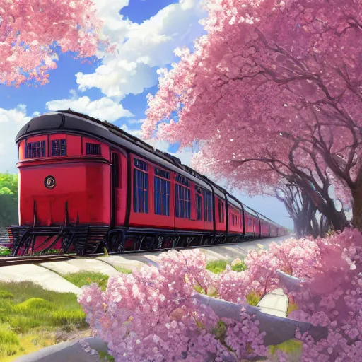 Image similar to concept art painting of a historic transverse view of a steam train, the train carries a cherry tree in flower, realistic, detailed, cel shaded, in the style of makoto shinkai and greg rutkowski and james gurney