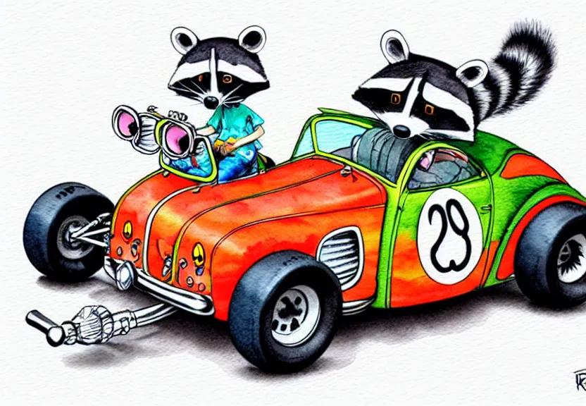 Image similar to cute and funny, racoon riding in a tiny hot rod coupe with oversized engine, ratfink style by ed roth, centered award winning watercolor pen illustration, isometric illustration by chihiro iwasaki, edited by range murata