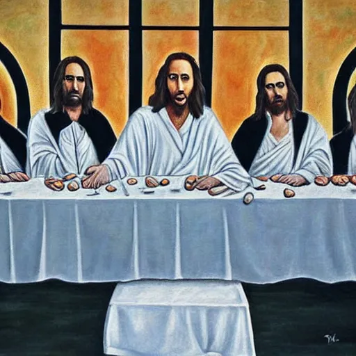 Image similar to nic cage in the last supper as painted by ray kurzweil