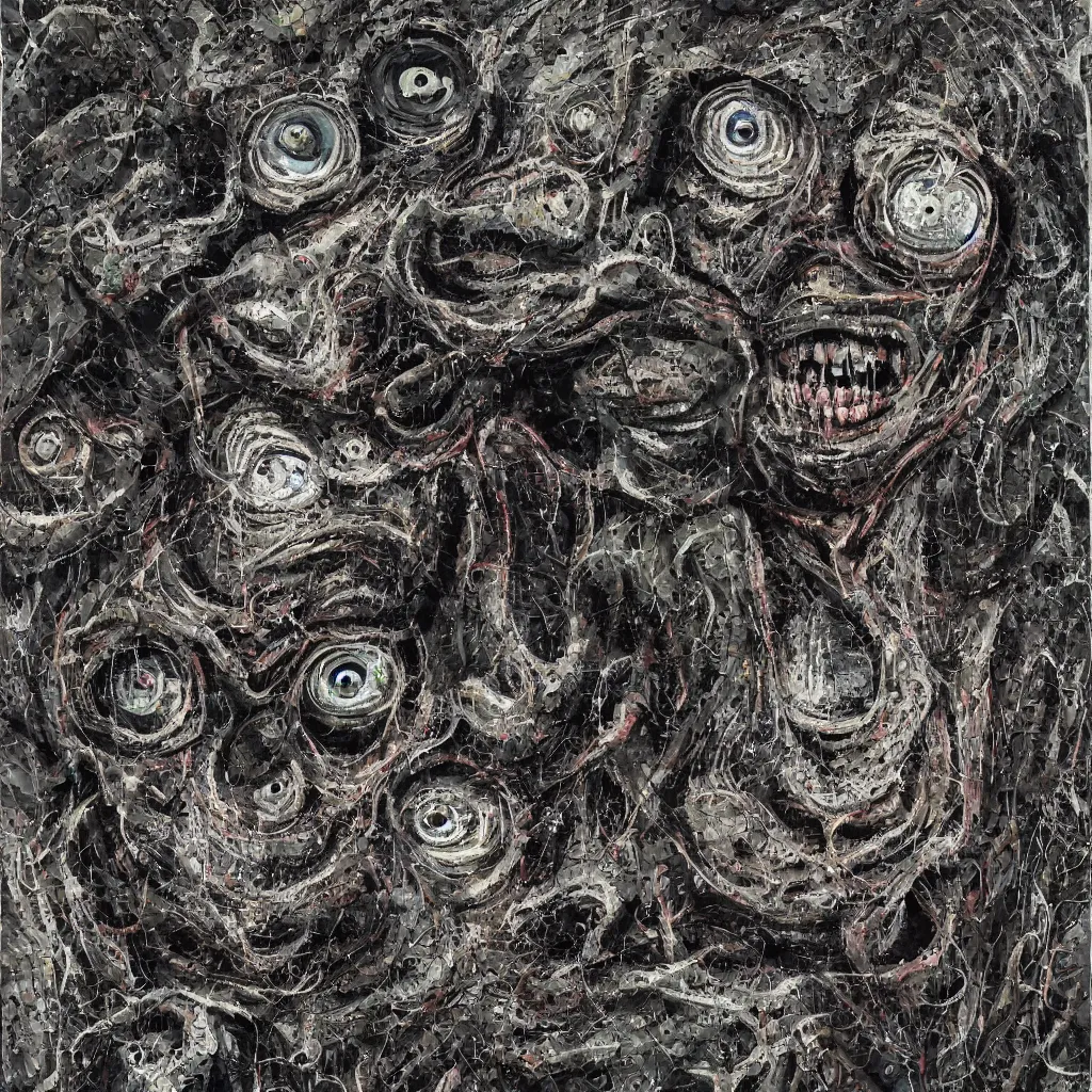 Image similar to camo made of eyes, technical, acrylic, teeth, eerie, tribal, clay, dotting, lines, stipple, points, cybernetic, style of old painting, francis bacon art, rei kawakubo art, hypnosis, eerie, terror, oil, neon, black and white background, splotches, colorful dots, ominous, terror, teeth, smiles