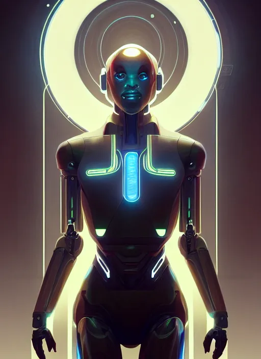 Image similar to symmetry!! android robot, tech wear, scifi, glowing lights!! intricate elegant, highly detailed, digital painting, artstation, concept art, smooth, sharp focus, illustration, art by artgerm and greg rutkowski and alphonse mucha