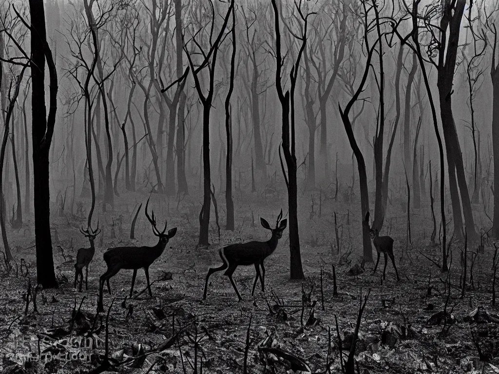 Image similar to Deer in the charred forest. Photograph by Sebastiao Salgado