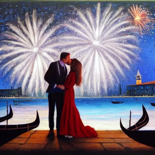 Image similar to an oil painting of couple kissing, in a background fireworks in venice