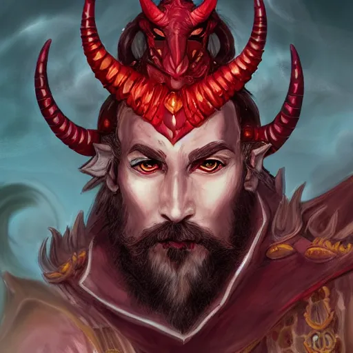 Image similar to dnd portrait of a tiefling, male, red scales, a big black beard, completely golden eyes, 2 curved horns growing out of his forehead,