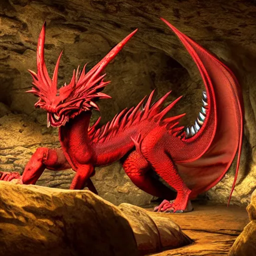 Image similar to photo of an ancient red dragon sitting menacingly in a cave, dungeons and dragons, detailed, 4 k