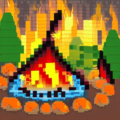 Prompt: pixel art of marshmallows roasting over campfire in the woods