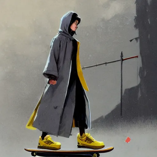 Image similar to a highly detailed epic cinematic concept art CG render digital painting artwork costume design: a girl in a 1950s extremely oversized hoodie and giant 1950s man's coat, with a skateboard. all in grey and yellow. By Greg Rutkowski, Ilya Kuvshinov, WLOP, Stanley Artgerm Lau, Ruan Jia and Fenghua Zhong, trending on ArtStation, made in Maya, Blender and Photoshop, octane render, excellent composition, cinematic atmosphere, dynamic dramatic cinematic lighting, aesthetic, very inspirational, arthouse