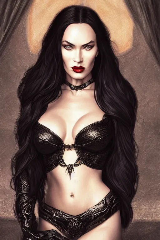 Image similar to ultra realistic illustration, megan fox as morticia addams from baldurs gate and diablo, intricate, elegant, highly detailed, digital painting, artstation, concept art, smooth, sharp focus, illustration, art by artgerm and greg rutkowski and alphonse mucha