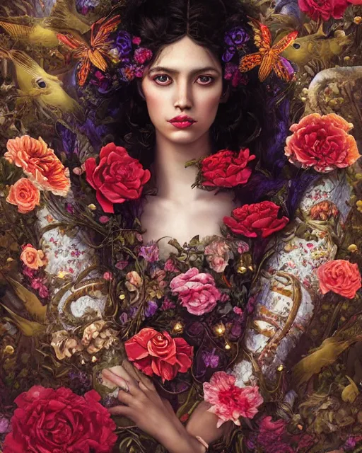 Image similar to portrait of the mexican queen of the underworld, surrounded by flowers by karol bak, james jean, tom bagshaw, rococo, sharp focus, trending on artstation, cinematic lighting, hyper realism, octane render, 8 k, hyper detailed.