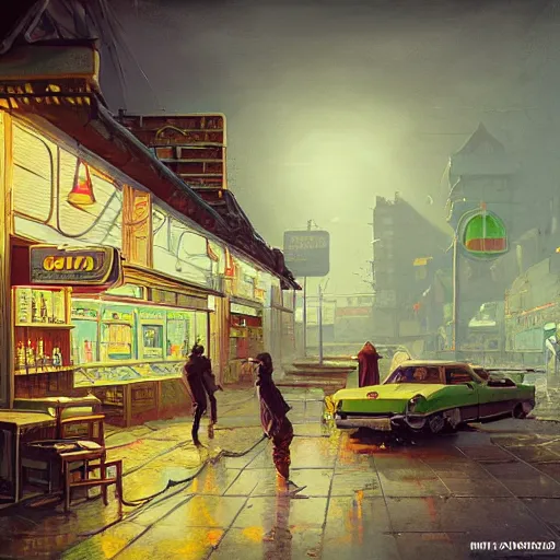 Prompt: concept art of a wooden decorated liquor store on the coast, a very misty day, industrial surrounding, painted pale yellow and green, old tv and radio hardware, a neon sign, by ian mcque ferdinand knab, makoto shinkai and, artgerm, pixar, ilya kuvshinov,, tom bagshaw, global illumination