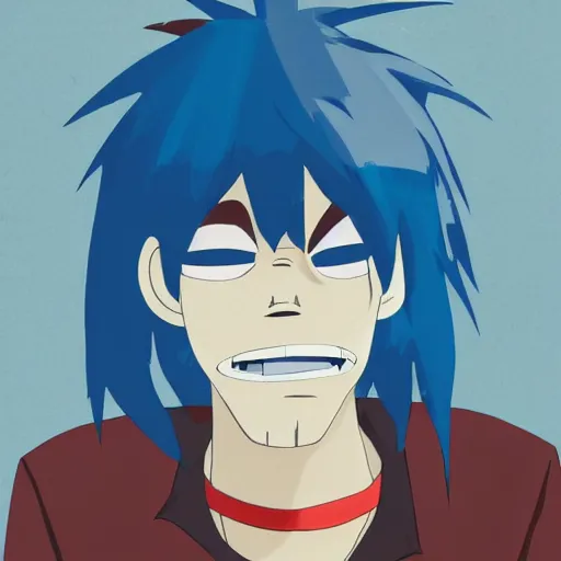 Image similar to 2 d gorillaz, a man with messy blue hair and no eyes, portrait, gorillaz style, jamie hewlett, semi - realistic, neutral expression