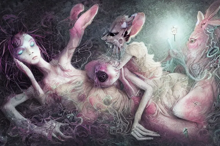 Image similar to Keeping you sane And you fade away just enough, You felt the edge again, You took two pills And you fell asleep, Hugging six rabbits, And having pink nightmares, concept art, trade on artstation, sharp focus, psychedelic, by Yoshitaka Amano, Mark Ryden, Gloom, Peter Mohrbacher, fantasy art, masterpiece, Hyperrealism. Subsurface scattering. Octane Render. Weirdcore