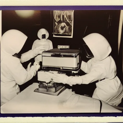 Image similar to 1960s art of Secret government lab. Alien autopsy, polaroid, kodak, film grain