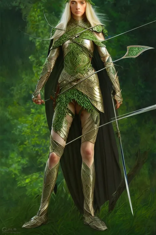 Image similar to male elven Archer armor made of green leaves, fantasy, amber eyes, face, long hair, intricate, elegant, highly detailed, digital painting, artstation, concept art, smooth, sharp focus, illustration, art by artgerm and greg rutkowski and alphonse mucha