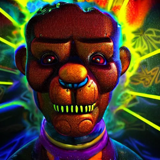 Prompt: portrait ultra dimensional freddy fazbear entity, accidentally tripping on dmt and acid, psychedelic experience, overwhelming psychosis of self realization and burning awakening, ultra high definition, unreal engine 5, hyperrealism, masterpiece composition, by casey weldon, barclay shaw 8 k photorealistic