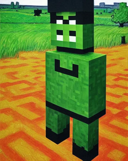 Prompt: minecraft creeper standing in a field by edvard munch