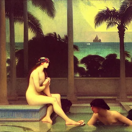 Prompt: Silhouette of three girl at the palace, thunderstorm, greek pool, beach and palm trees on the background major arcana sky, by paul delaroche, alphonse mucha and arnold böcklin arnold böcklin hyperrealistic 8k, very detailed