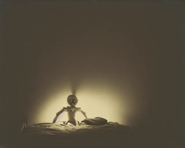 Image similar to polaroid photograph of a scary clown hiding under a bed, moody lighting, horror