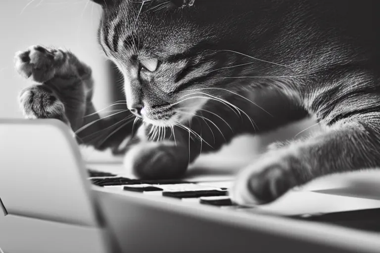 Prompt: a cat's paw stretching out to touch the keyboard from a laptop screen