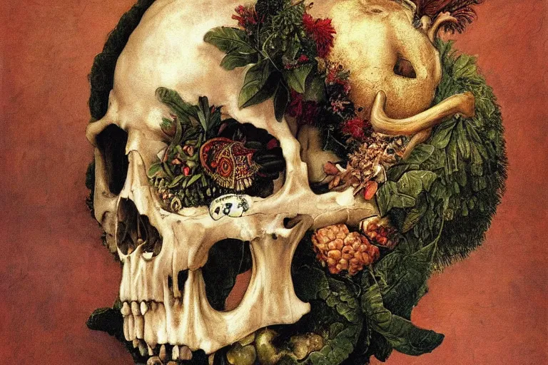 Prompt: a painting of an angel with a skull head, he is holding a tridant. by arcimboldo giuseppe