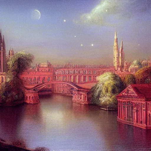 Prompt: A beautiful photograph of a cityscape with tall spires and delicate bridges. astrophotography, pastel red by Thomas Gainsborough, by Helmut Newton harrowing