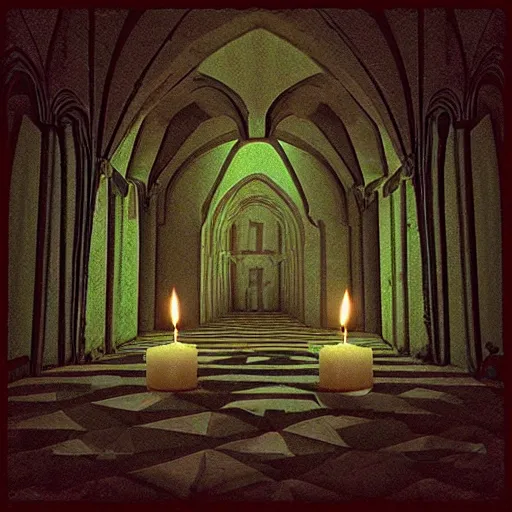 Image similar to “isometric creepy abbey, dark corridors, candles, style of eternal darkness”