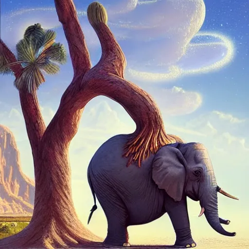 Prompt: one elephant in the desert, next to a huge dead tree head, concept art by chris labrooy, cgsociety, retrofuturism, sci - fi, concept art, futuristic