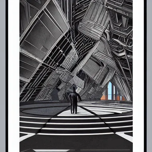 Image similar to man and robot standing at a architectural complex by Android Jones and M. C. Escher collaboration, futurist, digital art, dramatic lighting, symbolic