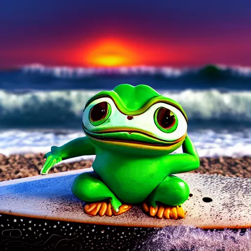 Image similar to a closeup photorealistic photograph of a cute pepe the frog on a surfboard surfing on the waves at sunset. surf in background. professional capture. brightly lit scene. this 4 k hd image is trending on artstation, featured on behance, well - rendered, extra crisp, features intricate detail, epic composition and the style of unreal engine