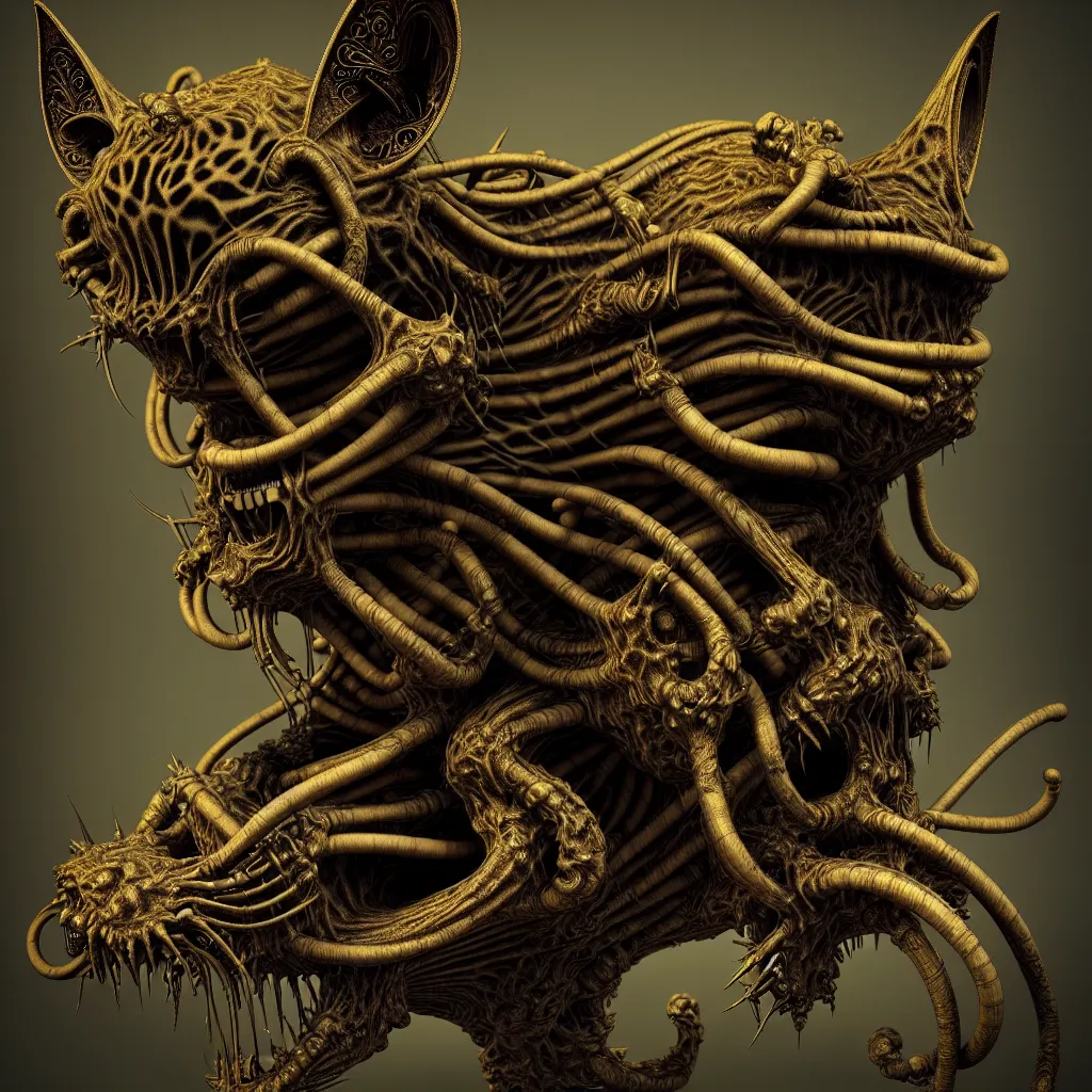 Prompt: a surrealistic 3d render of a druglaced cat in the style of mohrbacher and giger,vray,octane,cinema4d,volumetric, unreal engine 5, artstation,cgsociety,award winning art, ornate, intricate, 4k,post processing,compositing,