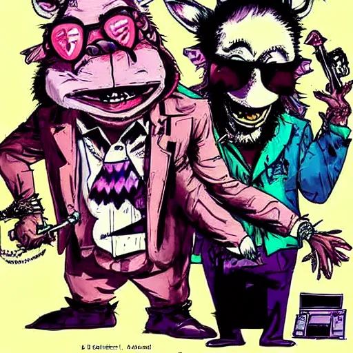 Image similar to Bebop and Rocksteady as Raoul Duke and Doctor Gonzo from Fear and Loathing in Las Vegas. Drawn by Ralph Steadman