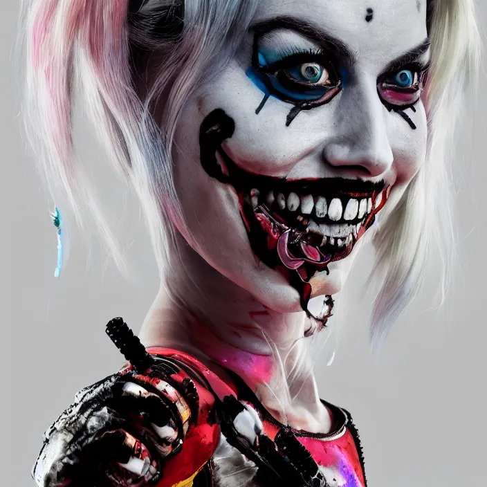 Image similar to portrait of a skeleton as Margot Robbie’s harley quinn. intricate abstract. intricate artwork. by Tooth Wu, wlop, beeple, dan mumford. octane render, trending on artstation, greg rutkowski very coherent symmetrical artwork. cinematic, hyper realism, high detail, octane render, 8k, iridescent accents