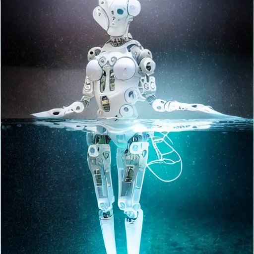 Prompt: beautiful centered fine art photo portrait of hoyeon jung as a solarpunk robotic humanoid treading on water, white mechanical parts with led lights, ultra - detailed and intricate, sun lighting, soft focus, slow exposure hdr 8 k