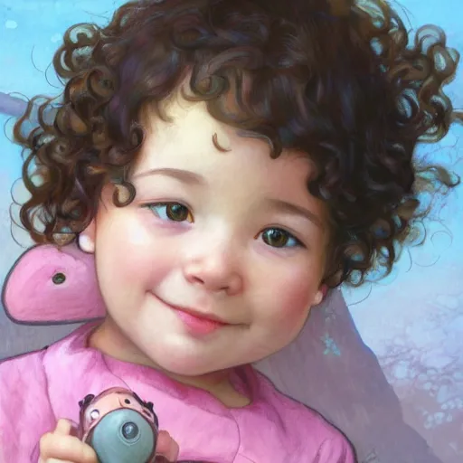 Prompt: a beautiful [[[[[smiling]]]]] little brunette toddler girl with short loosely curly hair, at the park on a beautiful day, holding a round all-pink stuffed penguin, by Artgerm, Mucha Klimt, Hiroshi Yoshida and Craig Mullins, featured on Artstation, CGSociety, Behance HD, Deviantart