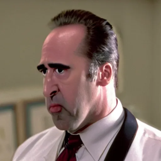 Prompt: a still from a film, Homer Simpson played by Nicolas Cage