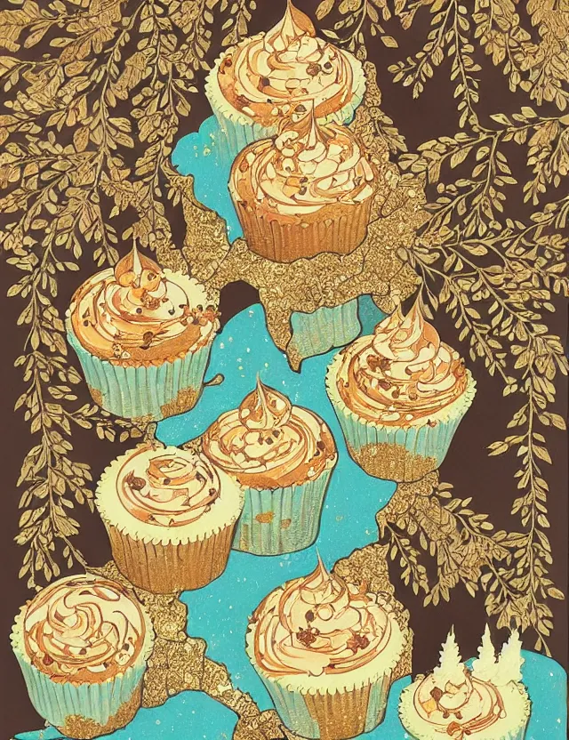 Prompt: spirit of cupcakes lost in the mountains. this gouache and gold leaf work by the award - winning mangaka has a beautiful composition and intricate details.