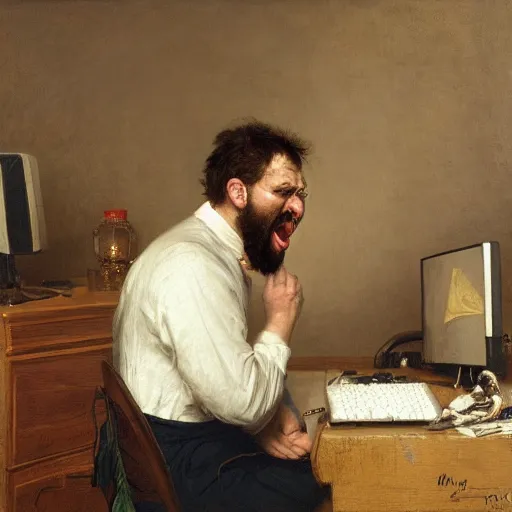 Image similar to an angry man yells at his computer monitor, oil on canvas, 1 8 8 3, highly detailed, high resolution