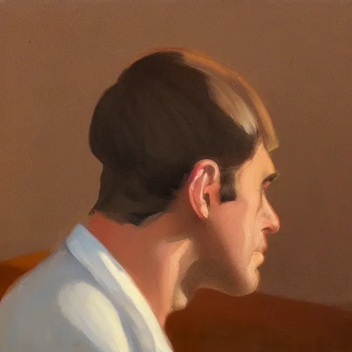 Image similar to a brown haired man with a 5 o'clock shadow, detailed, edward hopper, trending on artstation,