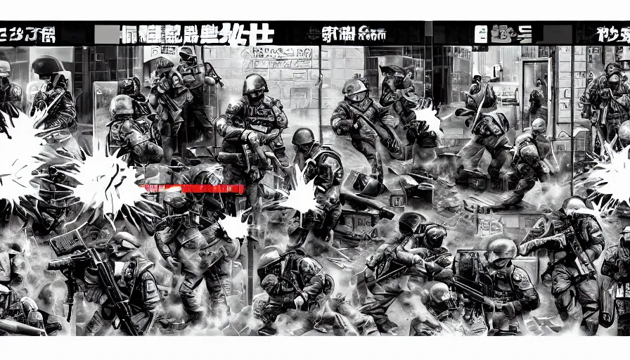 Image similar to 1994 Video Game Screenshot, Anime Neo-tokyo Cyborg bank robbers vs police, Set inside of the Bank Lobby, Multiplayer set-piece in bank lobby, Tactical Squad :9, Police officers under heavy fire, Police Calling for back up, Bullet Holes and Blood Splatter, :6 Gas Grenades, Riot Shields, Large Caliber Sniper Fire, Chaos, Anime Cyberpunk, Anime Bullet VFX, Machine Gun Fire, Violent Gun Action, Shootout, Escape From Tarkov, Intruder, Payday 2, 8k :4 by Katsuhiro Otomo: 9