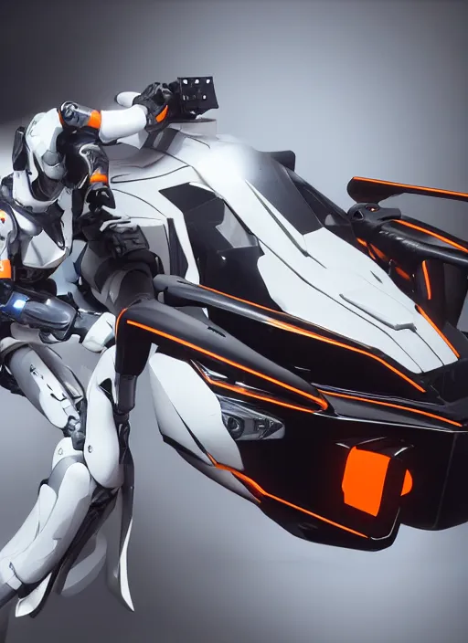 Image similar to a Photorealistic dramatic hyperrealistic full frame render of a Sleek futuristic exosuit Freedom Formula Racing Mech,Ultra realistic details,glossy white metal,Orange racing stripes,weathered surfaces,by Hidetaka Tenjin,Yoh Yoshinori,Yoji Shinkawa,Masamune Shirow,Beautiful dramatic dark moody tones and lighting,cinematic atmosphere,studio lighting,shadows,dark background, Octane render,8K