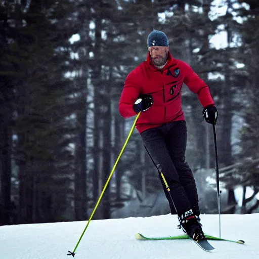 Prompt: jason statham skiing, full body shot, cinematic lighting, studio quality