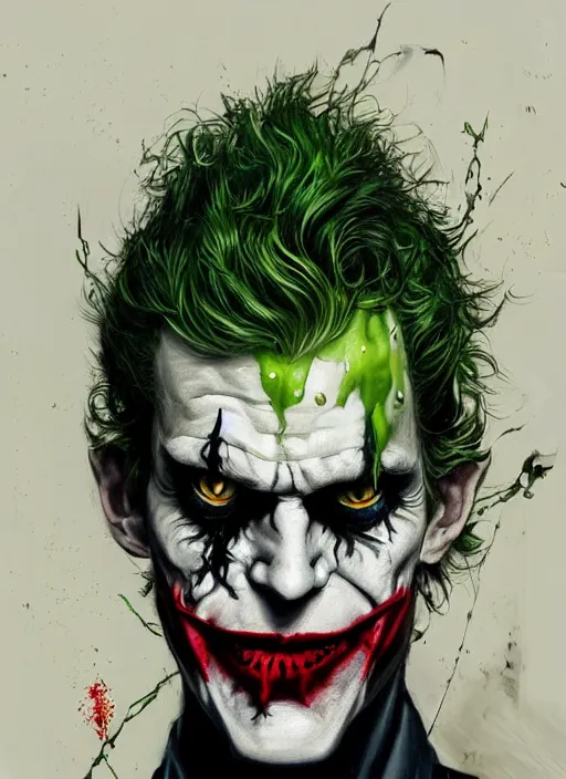 Image similar to a Demon Slayer portrait of The Joker, tall, pale-skinned, slender with lime green eyes and long eyelashes by Stanley Artgerm, Tom Bagshaw, Arthur Adams, Carne Griffiths, trending on Deviant Art, street art, face enhance, chillwave, maximalist, full of color, glittering