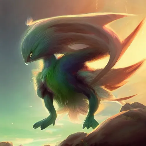 Image similar to a cute beautiful earth type pokemon, green feathers bursting out of his hair, full body shot, highly detailed digital art, 3 d perspective, award - winning illustration, aesthetic, smooth, pokemon style, made by greg rutkowski, with an alien landscape in the background