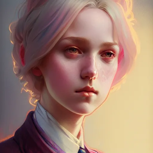 Image similar to portrait of a scottish teenage girl with pinkish grayblonde hair, glowing skin, awkward, nerdy, fantasy, intricate, elegant, dress shirt, highly detailed, digital painting, artstation, concept art, smooth, sharp focus, illustration, art by Krenz Cushart and Artem Demura and alphonse mucha