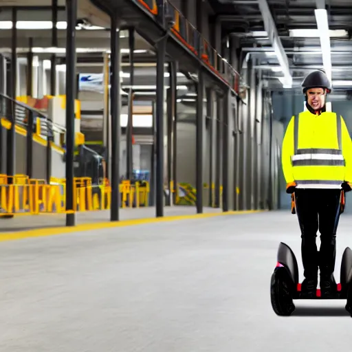 Image similar to human segway driving through an industrial environment delivering packages