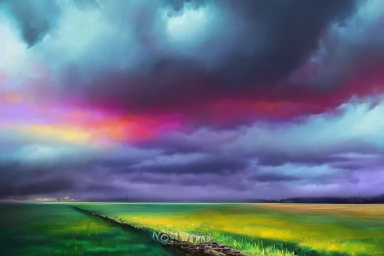 Prompt: amazing landscape painting with moody clouds and unusual colors, random-artist-blend